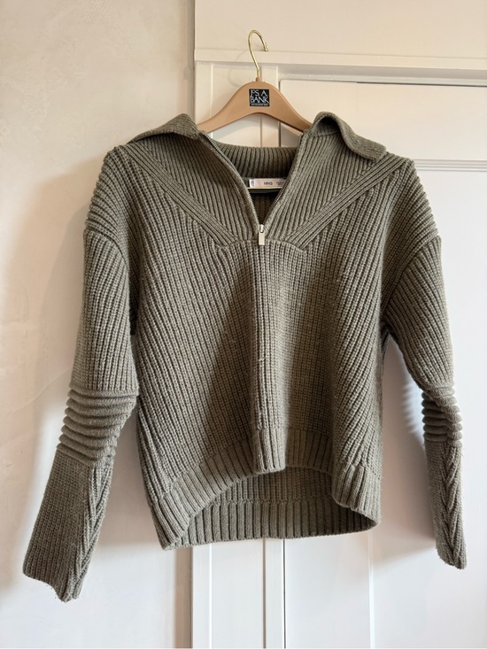 Mango Sweaters - Mango Olive Ribbed Half-Zip Sweater with Collar